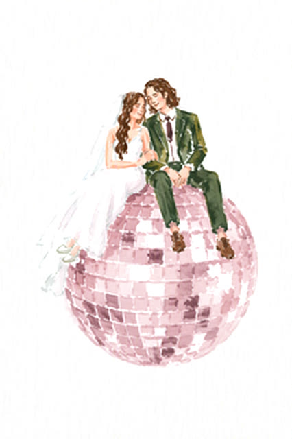A painting of Inge and Eduan sitting on a mirrorball