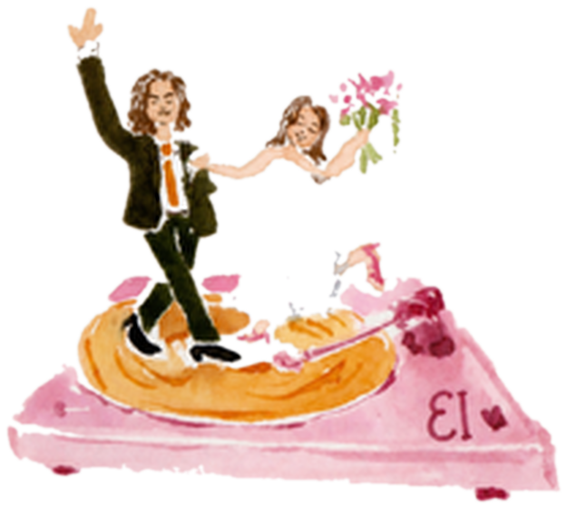 A painting of Inge and Eduan dancing on a record player